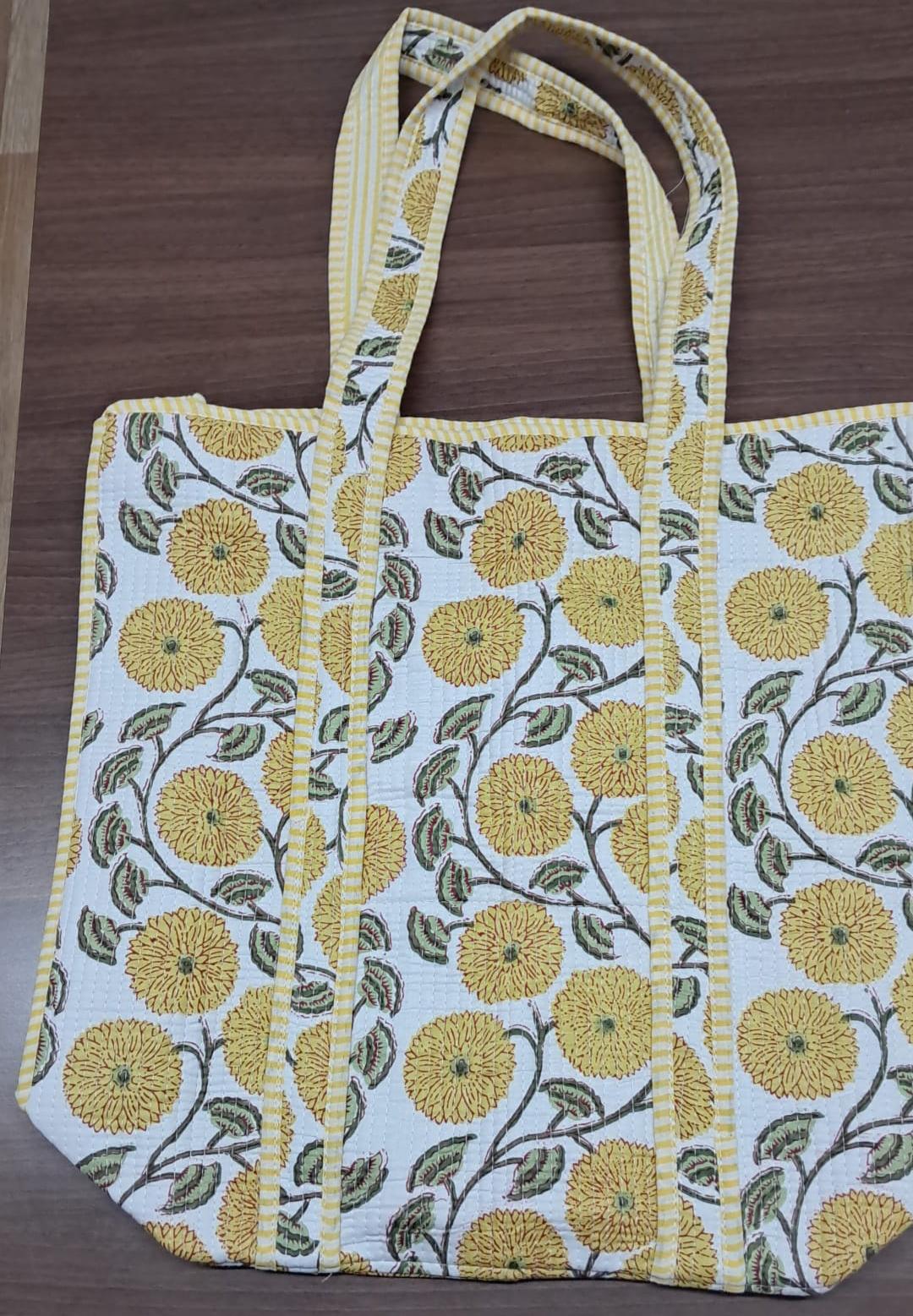 Handmade Cotton Tote Bag: Yellow Floral Print, Eco-Friendly Shopper