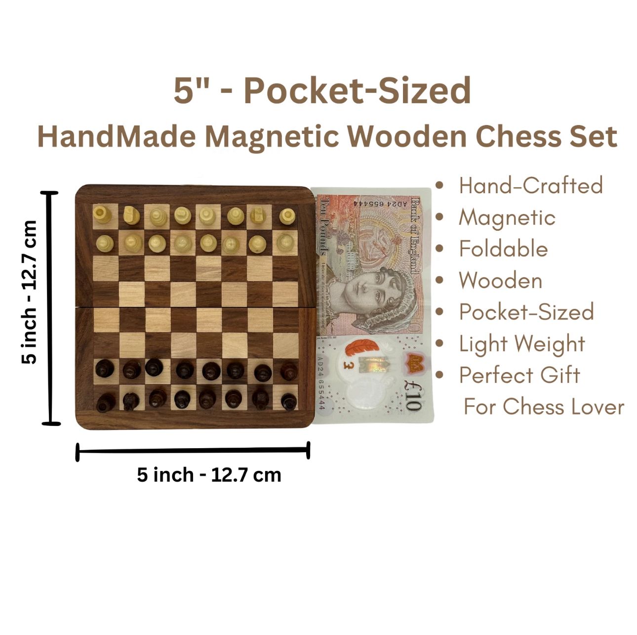 Handcrafted Wooden Magnetic Travel Chess Set - Folding Staunton Pieces 5 inch