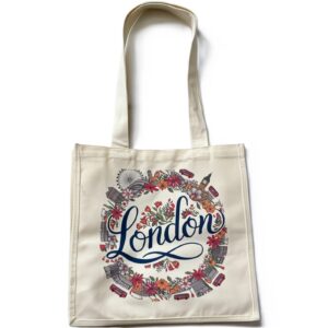 London Souvenir Tote Bag | Washable Cotton Canvas Bag | Double-Sided Floral London England Design | Eco-Friendly Reusable Shopping Bag