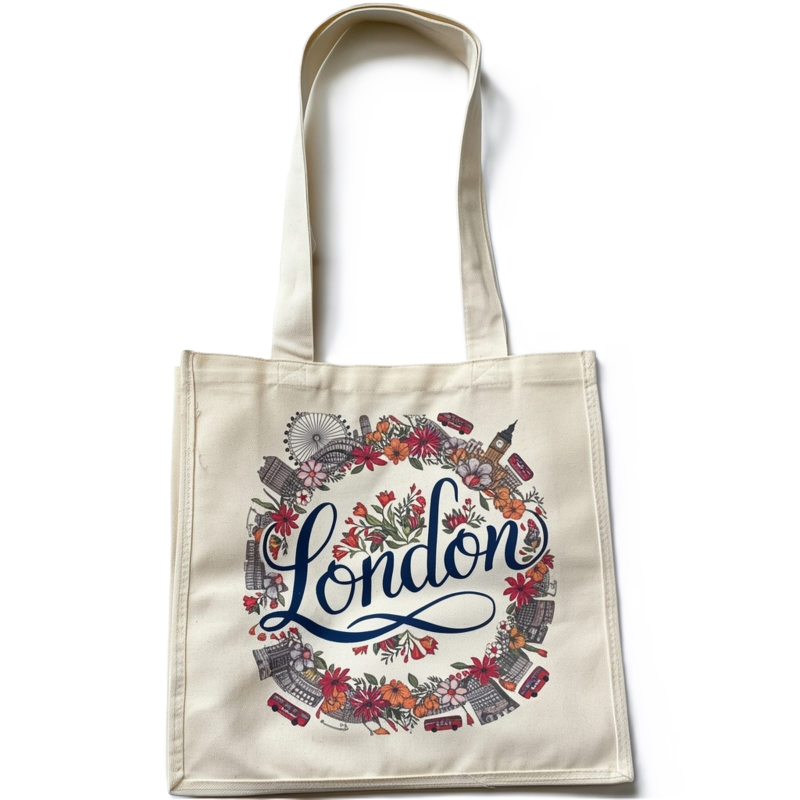 London Souvenir Tote Bag | Washable Cotton Canvas Bag | Double-Sided Floral London England Design | Eco-Friendly Reusable Shopping Bag