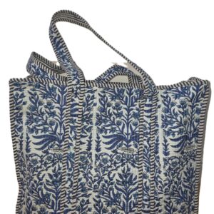 Handmade Quilted Floral Tote Bag: Blue Washable Cloth, Zippered Pocket