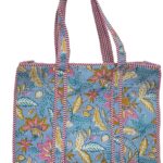 Handmade Quilted Cotton Tote Bag – Blue Floral Boho Shoulder Bag