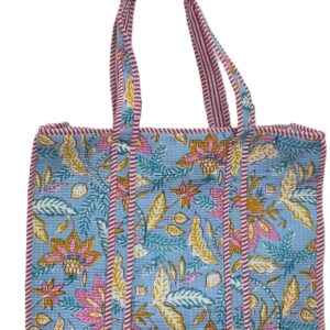 Handmade Quilted Cotton Tote Bag – Blue Floral Boho Shoulder Bag