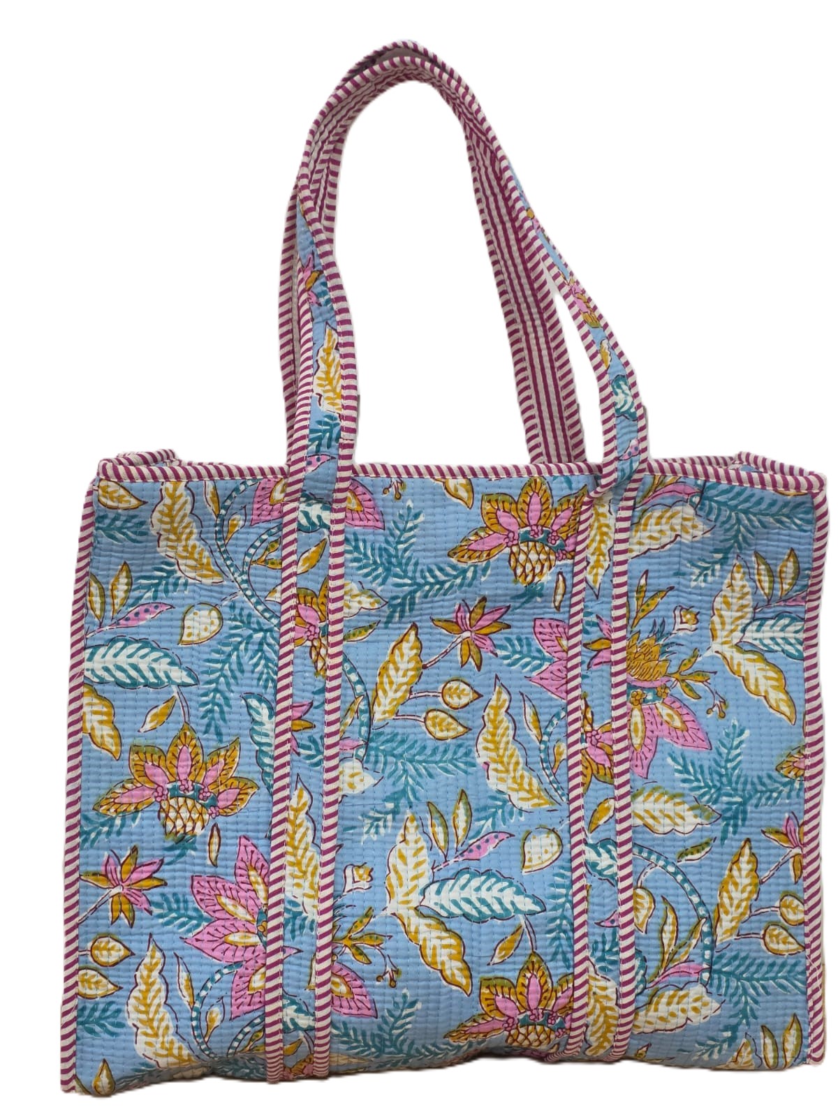 Handmade Quilted Cotton Tote Bag – Blue Floral Boho Shoulder Bag