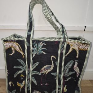 Handmade Quilted Tote Bag with Tropical Jungle and Bird Print–Eco-Friendly Market & Travel Bag