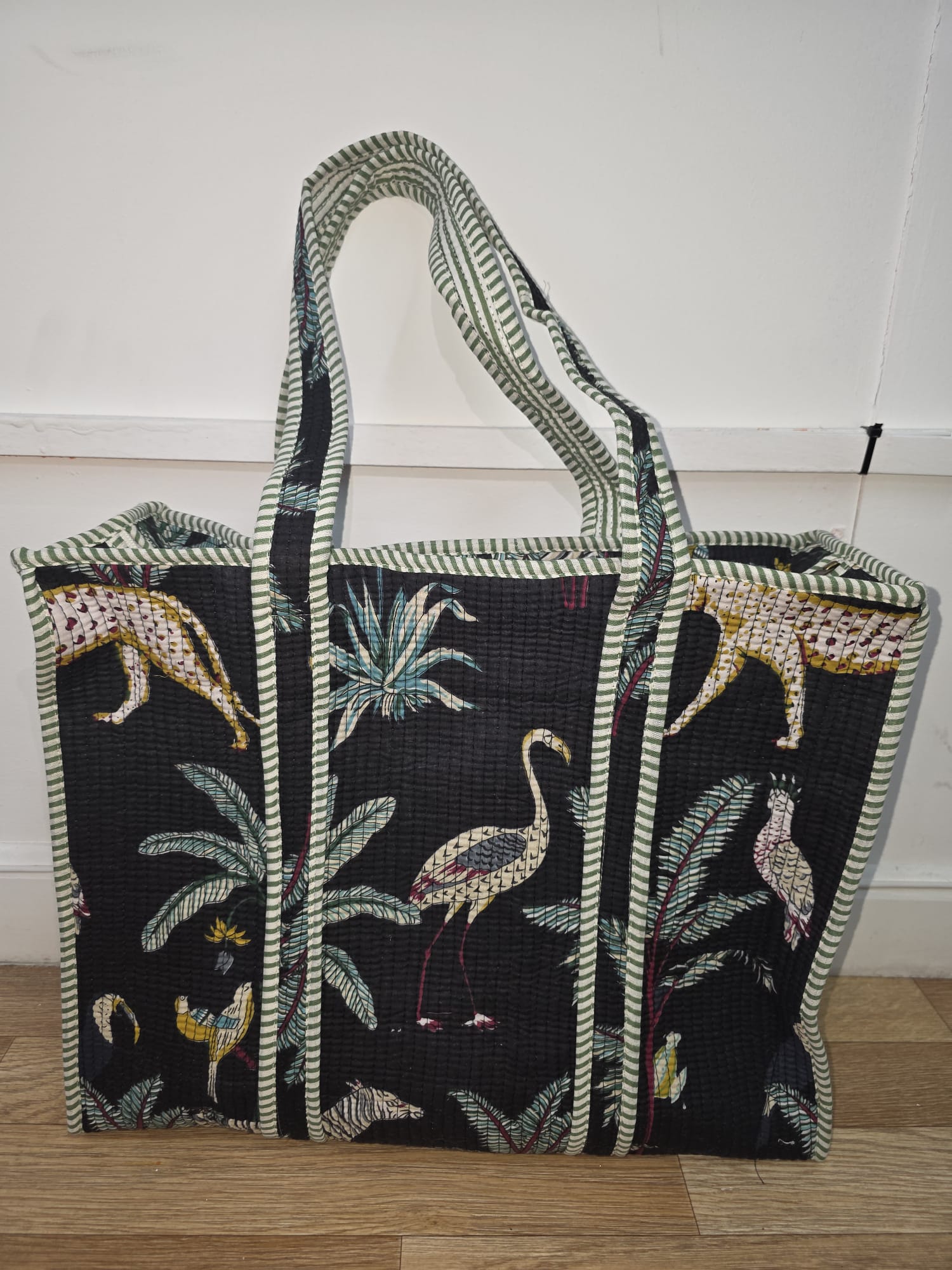 Handmade Quilted Tote Bag with Tropical Jungle and Bird Print–Eco-Friendly Market & Travel Bag