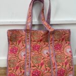 Hand Block Print Cotton Tote Bag: Pink Floral Quilted Shoulder Bag.