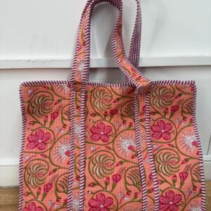 Hand Block Print Cotton Tote Bag: Pink Floral Quilted Shoulder Bag.