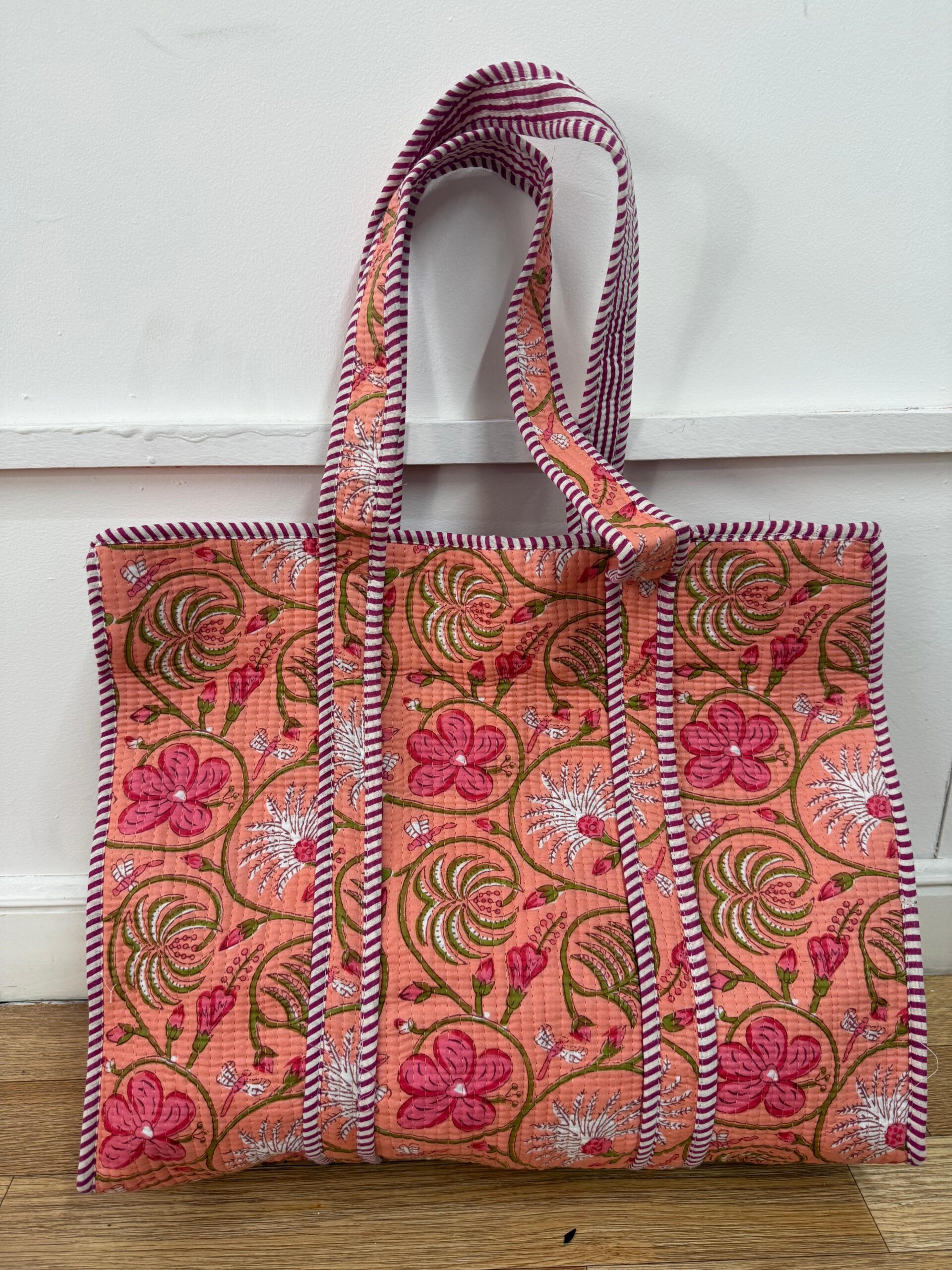 Hand Block Print Cotton Tote Bag: Pink Floral Quilted Shoulder Bag.
