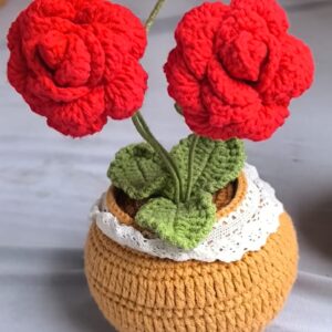 Handmade Crochet Rose Pot: Knitted Cotton Forever Flower