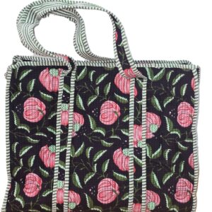 Handmade Quilted Cotton Tote Bag: Floral Block Print Shoulder Bag