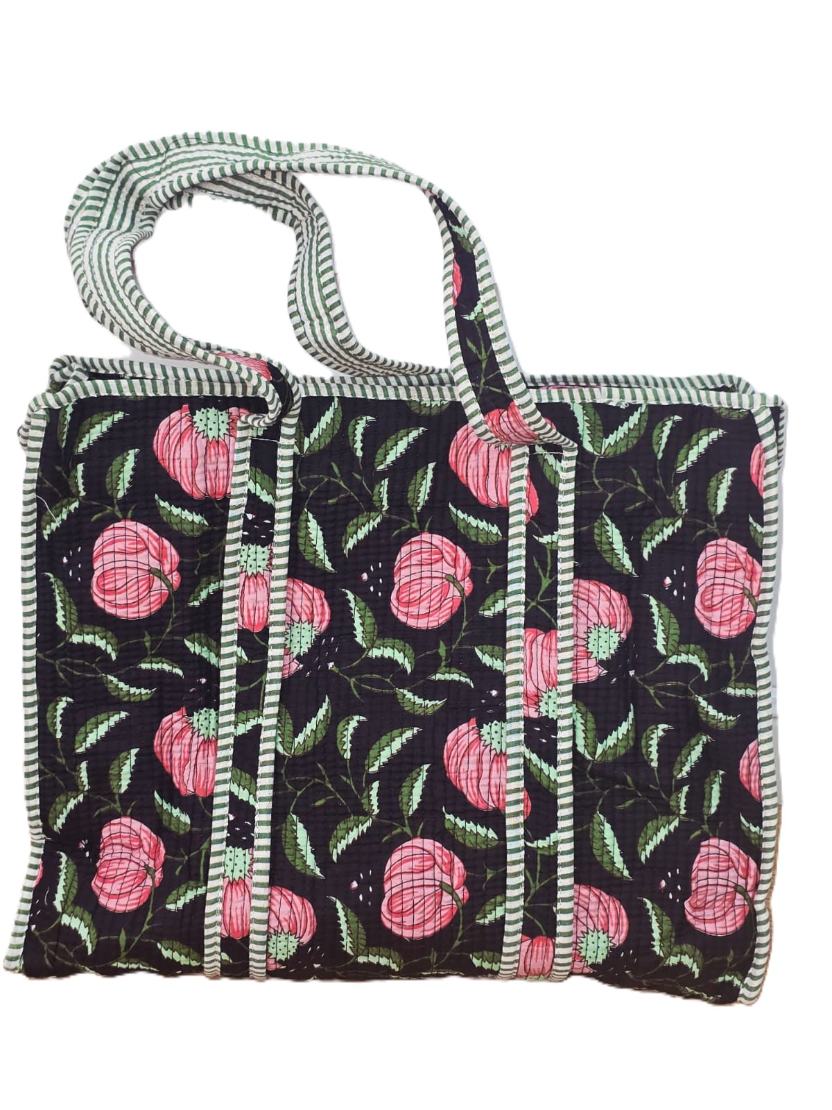 Handmade Quilted Cotton Tote Bag: Floral Block Print Shoulder Bag