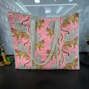 Handmade Quilted Tote Bag – Pink Leopard Print Cotton Shopper