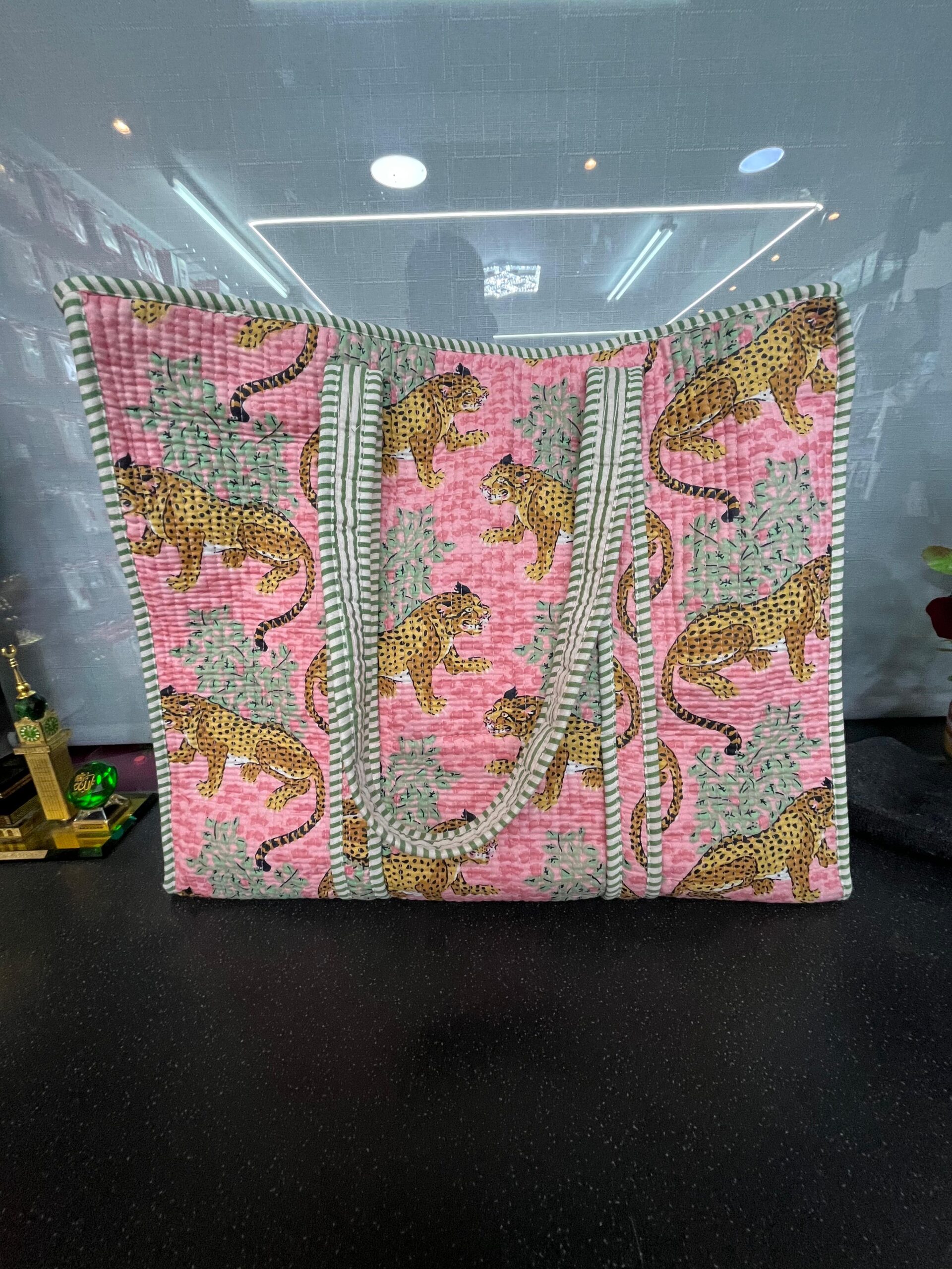 Handmade Quilted Tote Bag – Pink Leopard Print Cotton Shopper