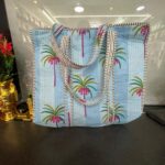 Handmade Quilted Cotton Tote Bag – Sky Blue Palm Print