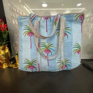 Handmade Quilted Cotton Tote Bag – Sky Blue Palm Print