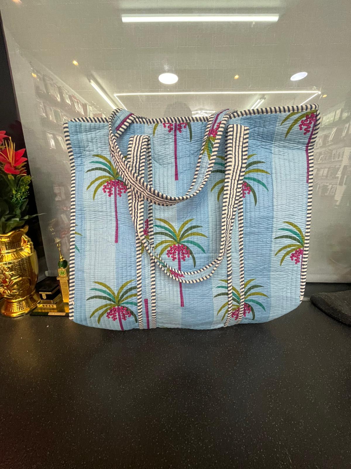 Handmade Quilted Cotton Tote Bag – Sky Blue Palm Print
