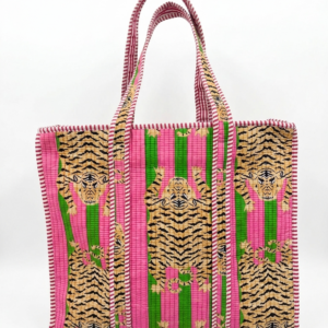 Handmade Quilted Cotton Tote Bag with Tiger and Floral Motifs