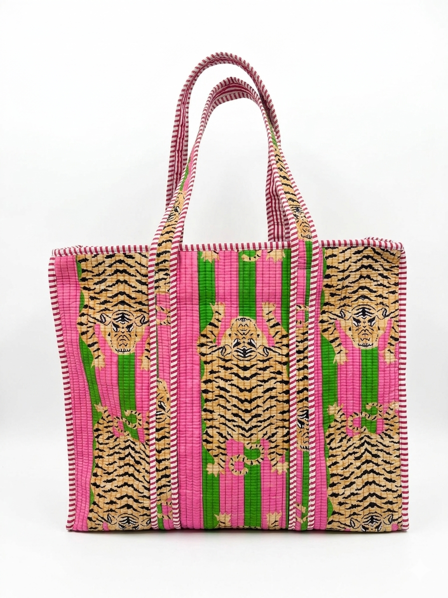 Handmade Quilted Cotton Tote Bag with Tiger and Floral Motifs